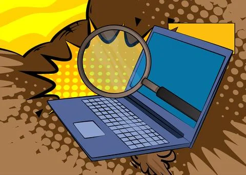Cartoon Laptop, comic book Notebook with Magnifying glass. Retro vector com.. Stock Illustration