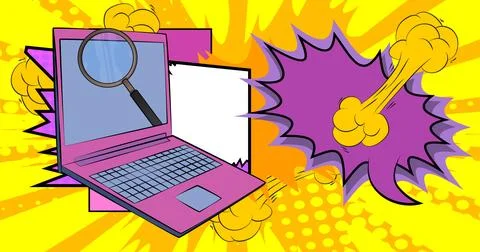 Cartoon Laptop, comic book Notebook with Magnifying glass. Retro vector com.. Stock Illustration