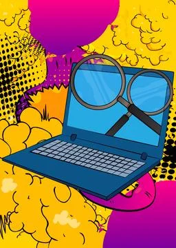 Cartoon Laptop, comic book Notebook with Magnifying glass. Retro vector com.. Stock Illustration