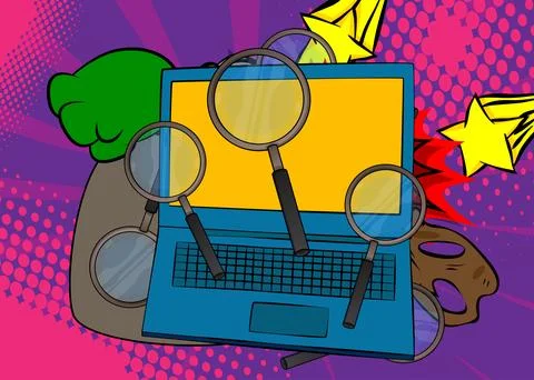 Cartoon Laptop, comic book Notebook with Magnifying glass. Retro vector com.. Stock Illustration