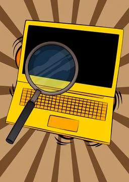Cartoon Laptop, comic book Notebook with Magnifying glass. Retro vector com.. Stock Illustration