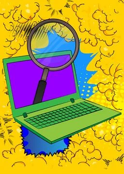 Cartoon Laptop, comic book Notebook with Magnifying glass. Retro vector com.. Stock Illustration