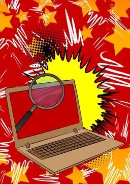 Cartoon Laptop, comic book Notebook with Magnifying glass. Retro vector com.. Stock Illustration