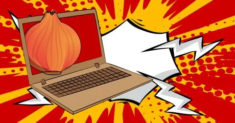 Cartoon Laptop, comic book Notebook with Onion. Retro vector comics pop art.. Stock-Illustration