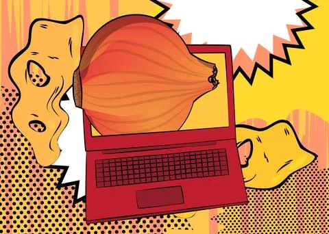 Cartoon Laptop, comic book Notebook with Onion. Retro vector comics pop art.. Stock-Illustration