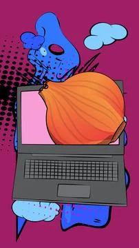 Cartoon Laptop, comic book Notebook with Onion. Retro vector comics pop art.. Stock-Illustration