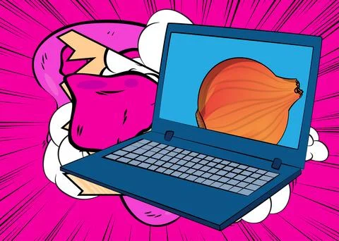 Cartoon Laptop, comic book Notebook with Onion. Retro vector comics pop art.. Stock-Illustration