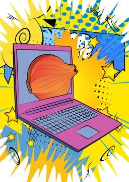 Cartoon Laptop, comic book Notebook with Onion. Retro vector comics pop art.. Stock Illustration