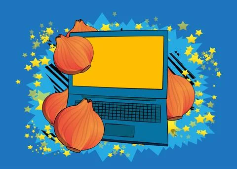 Cartoon Laptop, comic book Notebook with Onion. Retro vector comics pop art.. Stock-Illustration