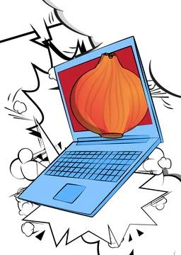 Cartoon Laptop, comic book Notebook with Onion. Retro vector comics pop art.. Stock-Illustration