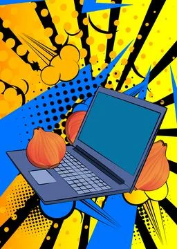 Cartoon Laptop, comic book Notebook with Onion. Retro vector comics pop art.. Stock-Illustration
