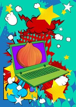 Cartoon Laptop, comic book Notebook with Onion. Retro vector comics pop art.. Stock-Illustration
