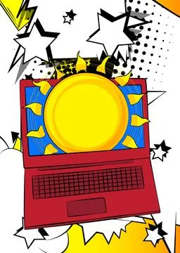 Cartoon Laptop, comic book Notebook with Sun. Retro vector comics pop art d.. 스톡 일러스트