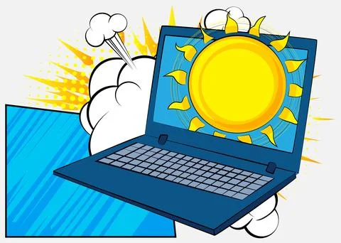 Cartoon Laptop, comic book Notebook with Sun. Retro vector comics pop art d.. 스톡 일러스트