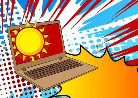 Cartoon Laptop, comic book Notebook with Sun. Retro vector comics pop art d.. Illustrazione stock