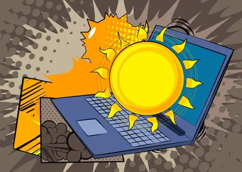 Cartoon Laptop, comic book Notebook with Sun. Retro vector comics pop art d.. 스톡 일러스트