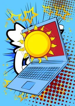 Cartoon Laptop, comic book Notebook with Sun. Retro vector comics pop art d.. 스톡 일러스트