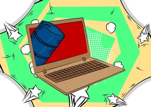 Cartoon Laptop, comic book Notebook with Oil Barrel. Retro vector comics po.. Illustrazione stock