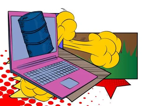 Cartoon Laptop, comic book Notebook with Oil Barrel. Retro vector comics po.. Stock-Illustration