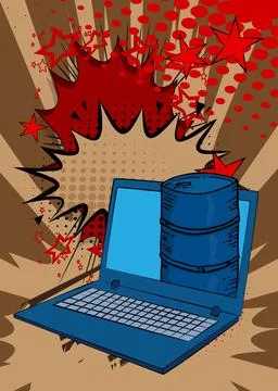Cartoon Laptop, comic book Notebook with Oil Barrel. Retro vector comics po.. Stock Illustration
