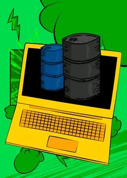 Cartoon Laptop, comic book Notebook with Oil Barrel. Retro vector comics po.. Stock Illustration