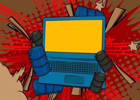 Cartoon Laptop, comic book Notebook with Oil Barrel. Retro vector comics po.. Stock Illustration