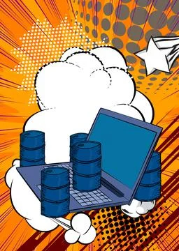 Cartoon Laptop, comic book Notebook with Oil Barrel. Retro vector comics po.. Stock Illustration