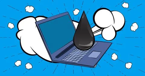 Cartoon Laptop, comic book Notebook with cb oil drop laptop. Retro vector c.. Stock Illustration