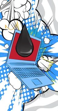 Cartoon Laptop, comic book Notebook with cb oil drop laptop. Retro vector c.. 库存插图
