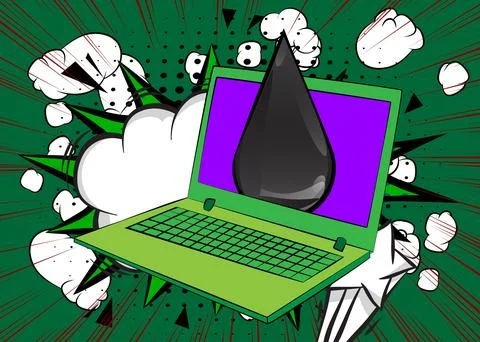 Cartoon Laptop, comic book Notebook with cb oil drop laptop. Retro vector c.. Stock Illustration