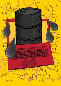 Cartoon Laptop, comic book Notebook with Oil Barrel and Oil Drop. Retro vec.. Stock Illustration