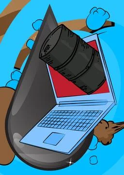 Cartoon Laptop, comic book Notebook with Oil Barrel and Oil Drop. Retro vec.. Stock Illustration