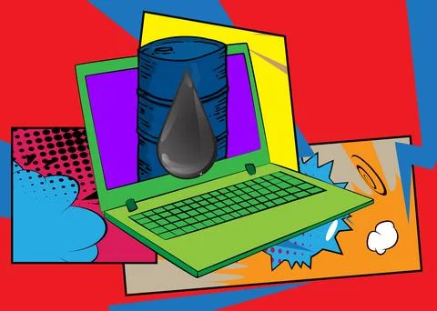 Cartoon Laptop, comic book Notebook with Oil Barrel and Oil Drop. Retro vec.. Stock Illustration