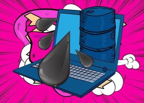 Cartoon Laptop, comic book Notebook with Oil Barrel and Oil Drop. Retro vec.. Stock Illustration