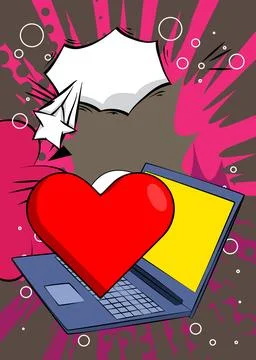 Cartoon Laptop, comic book Notebook with Red Heart. Retro vector comics pop.. Stock Illustration