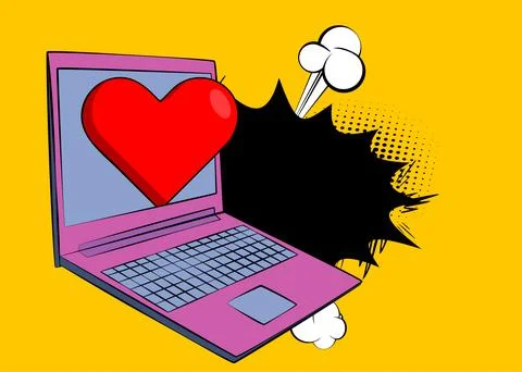 Cartoon Laptop, comic book Notebook with Red Heart. Retro vector comics pop.. Stock-Illustration