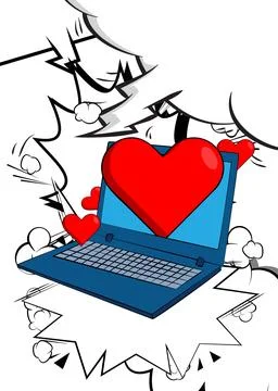 Cartoon Laptop, comic book Notebook with Red Heart. Retro vector comics pop.. Stock-Illustration