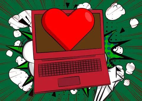 Cartoon Laptop, comic book Notebook with Red Heart. Retro vector comics pop.. Illustrazione stock