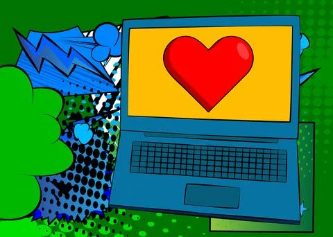 Cartoon Laptop, comic book Notebook with Red Heart. Retro vector comics pop.. Stock-Illustration