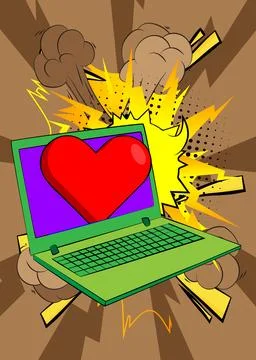 Cartoon Laptop, comic book Notebook with Red Heart. Retro vector comics pop.. Stock-Illustration