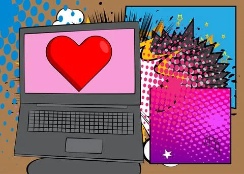 Cartoon Laptop, comic book Notebook with Red Heart. Retro vector comics pop.. Stock-Illustration