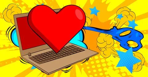 Cartoon Laptop, comic book Notebook with Red Heart. Retro vector comics pop.. Stock-Illustration