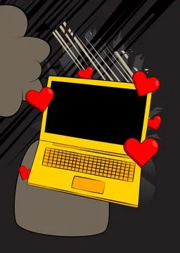 Cartoon Laptop, comic book Notebook with Red Heart. Retro vector comics pop.. Illustrazione stock