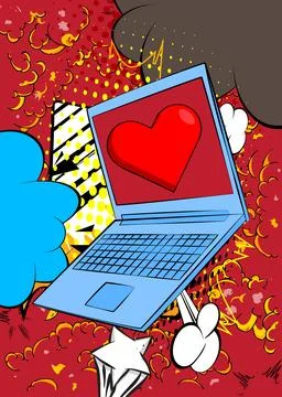 Cartoon Laptop, comic book Notebook with Red Heart. Retro vector comics pop.. Stock-Illustration