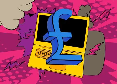 Cartoon Laptop, comic book Notebook with English Pound Sign. Retro vector c.. Stock Illustration