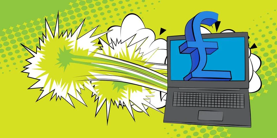 Cartoon Laptop, comic book Notebook with English Pound Sign. Retro vector c.. Stock Illustration