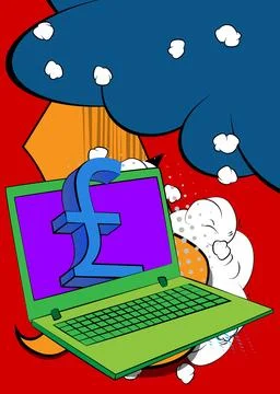 Cartoon Laptop, comic book Notebook with English Pound Sign. Retro vector c.. Stock Illustration