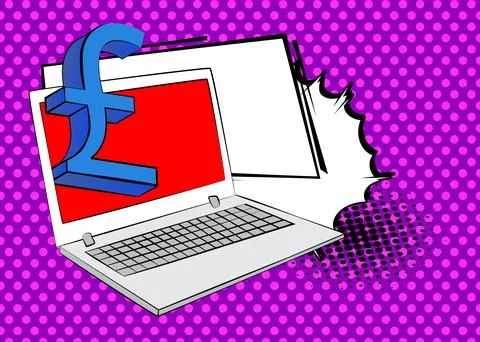 Cartoon Laptop, comic book Notebook with English Pound Sign. Retro vector c.. Stock Illustration