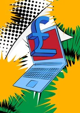Cartoon Laptop, comic book Notebook with English Pound Sign. Retro vector c.. Stock Illustration