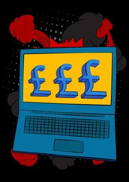 Cartoon Laptop, comic book Notebook with English Pound Sign. Retro vector c.. Stock Illustration
